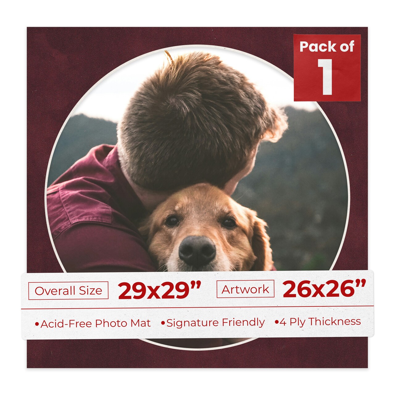 Dark Red Suede Mat Board for 29x29 Frames - Circle Opening for 26x26 Photos